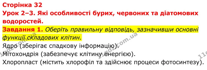 1. Оберіть правильну відповідь, зазначивши основні функції складових клітин. — ГДЗ Робочий зошит Біологія 7 клас Мирна 2024