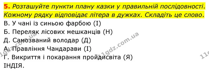 5. Розташуйте пункти плану казки у правильній послідовності. Кожному рядку відповідає літера в дужках. Складіть це слово. — ГДЗ Зарубіжна література 5 клас Ковбасенко 2022