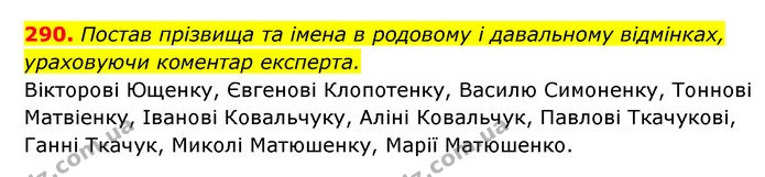 290. Постав прізвища та імена в родовому і давальному відмінках, ураховуючи коментар експерта. — ГДЗ Українська мова 6 клас Онатій