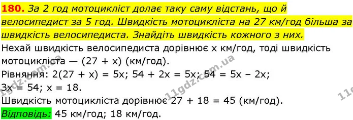 180. За 2 год мотоцикліст долає таку саму відстань, що й велосипедист за 5 год. Швидкість мотоцикліста на 27 км/год більша за швидкість — ГДЗ Алгебра 7 клас Істер 2024