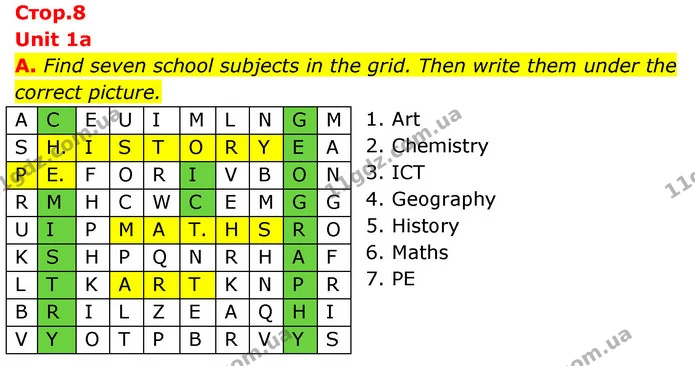 A. Find seven school subjects in the grid. Then write them under the correct picture. — ГДЗ Робочий зошит Англійська мова 6 клас Мітчелл
