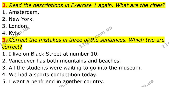 2. Read the descriptions in Exercise 1 again. What are the cities? — ГДЗ робочий зошит Англійська мова 7 клас Prepare