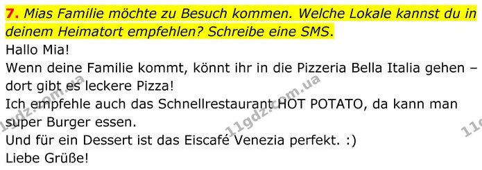 7. Mias Familie möchte zu Besuch kommen. Welche Lokale kannst du in deinem Heimatort empfehlen? Schreibe eine SMS. — ГДЗ Німецька мова 8 клас Сотникова (2025) 4 рік