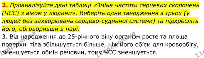2. Проаналізуйте дані таблиці «Зміна частоти серцевих скорочень (ЧСС) з віком у людини». Виберіть одне твердження з трьох (у людей без — ГДЗ Робочий зошит Біологія 8 клас Кулініч
