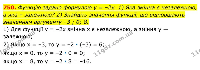 750. Функцію задано формулою у = –2х. 1) Яка змінна є незалежною, а яка – залежною? 2) Знайдіть значення функції, що відповідають — ГДЗ Алгебра 7 клас Істер 2020