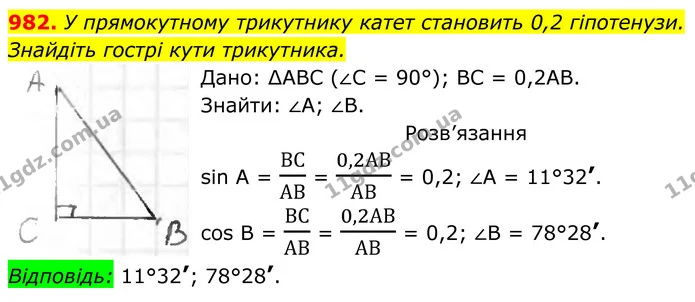 982. У прямокутному трикутнику катет дорівнює 0,2 гіпотенузи. Знайдіть гострі кути трикутника. — ГДЗ Геометрія 8 клас Бурда