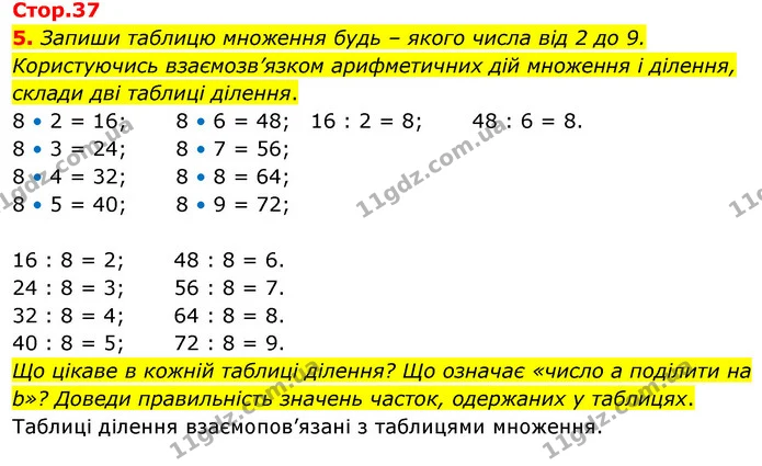 5. Запиши таблицю множення будь – якого числа від 2 до 9. Користуючись взаємозв’язком арифметичних дій множення і ділення, склади дві — ГДЗ Математика 3 клас Скворцова 1-2 ч.