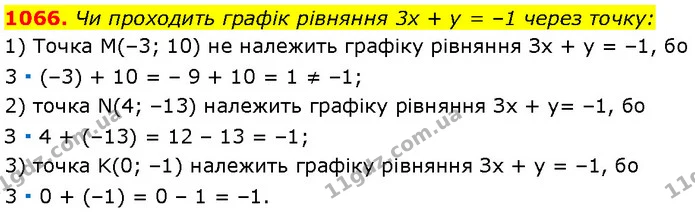 1066. Чи проходить графік рівняння 3x + y = –1 через точку: — Алгебра 7 клас Мерзляк 2024