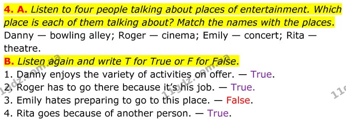 4. A. Listen to four people talking about places of entertainment. Which place is each of them talking about? Match the names with the — ГДЗ Англійська мова 8 клас Мітчелл