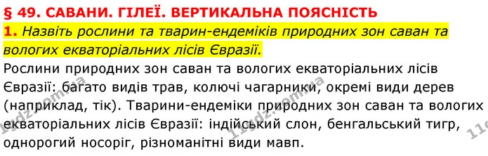 1. Назвіть рослини та тварин-ендеміків природних зон саван та вологих екваторіальних лісів Євразії. — ГДЗ Географія 7 клас Кобернік