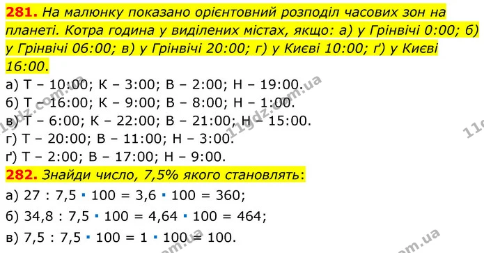 281. На малюнку показано орієнтовний розподіл часових зон на планеті. Котра година у виділених містах, якщо: а) у Грінвічі 0:00; б) у — ГДЗ Математика 6 клас Бевз 1-2 ч.