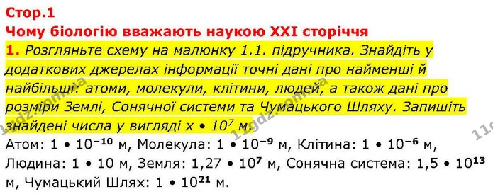 1. Розгляньте схему на малюнку 1.1. підручника. Знайдіть у додаткових джерелах інформації точні дані про найменші й найбільші: атоми — ГДЗ робочий зошит Біологія 7 клас Кулініч