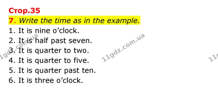 7. Write the time as in the example. — ГДЗ Робочий зошит Англійська мова 5 клас Косован (Дж. Коста)