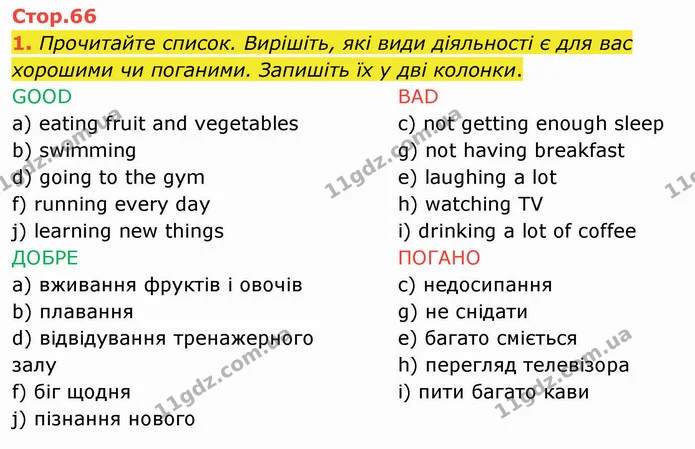 1. Прочитайте список. Вирішіть, які види діяльності є для вас хорошими чи поганими. Запишіть їх у дві колонки. — ГДЗ Робочий зошит Англійська мова 4 клас Карпюк