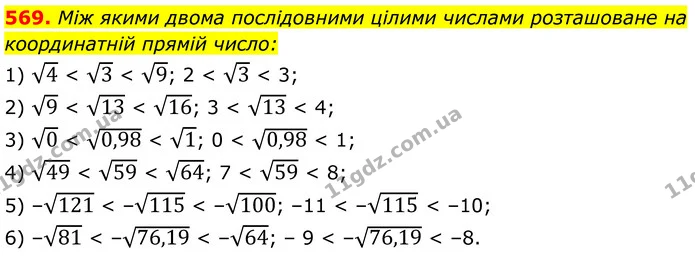 569. Між якими двома послідовними цілими числами розташоване на координатній прямій число: — ГДЗ Алгебра 8 клас Мерзляк