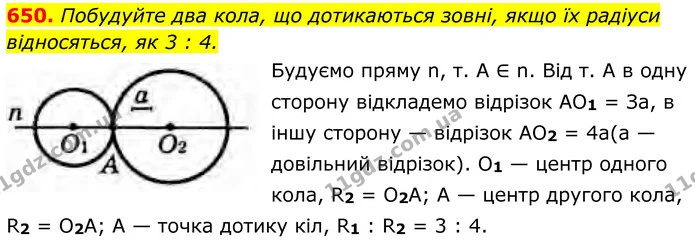 650. Побудуйте два кола, що дотикаються зовні, якщо їх радіуси відносяться, як 3 : 4. — ГДЗ Геометрія 8 клас Бурда