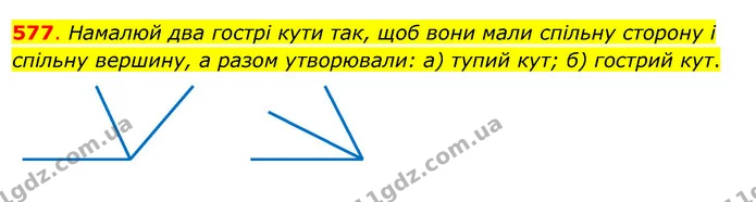 577. Намалюй два гострі кути так, щоб вони мали спільну сторону і спільну вершину, а разом утворювали: а) тупий кут; б) гострий кут. — ГДЗ Математика 3 клас Бевз 2 частина