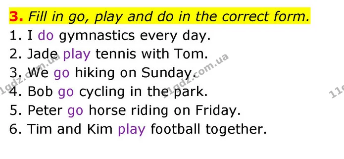 3. Fill in go, play and do in the correct form. — ГДЗ Англійська мова 6 клас Карпюк 2023