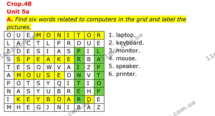 A. Find six words related to computers in the grid and label the pictures. — ГДЗ Робочий зошит Англійська мова 6 клас Мітчелл