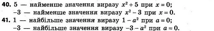 40. Знайдіть найменше значення виразу: х2 + 5; х2 – 3. — ГДЗ Алгебра 7 клас Кравчук 2015
