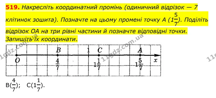 519. Накресліть координатний промінь (одиничний відрізок — 7 клітинок зошита). Позначте на цьому промені точку A (157). Поділіть — ГДЗ Математика 6 клас Тарасенкова 2023 1-2 ч.