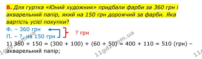 8. Для гуртка «Юний художник» придбали фарби за 360 грн і акварельний папір, який на 150 грн дорожчий за фарби. Яка вартість усієї — ГДЗ Математика 3 клас Логачевська 1-2 ч.