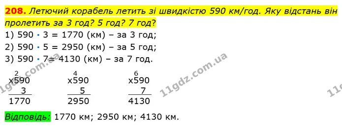208. Летючий корабель летить зі швидкістю 590 км/год. Яку відстань він пролетить за 3 год? 5 год? 7 год? — ГДЗ Математика 5 клас Істер 2018