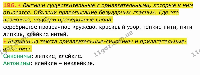 196. • Выпиши существительные с прилагательными, которые к ним относятся. Объясни правописание безударных гласных. Где это возможно — ГДЗ Русский язык и чтение 4 класс Лапшина 1 ч.