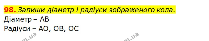 98. Запиши діаметр і радіуси зображеного кола. — ГДЗ Математика 3 клас Оляницька 1 та 2 частини