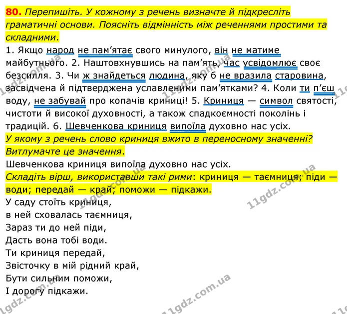 80. Перепишіть. У кожному з речень визначте й підкресліть граматичні основи. Поясніть відмінність між реченнями простими та складними. — ГДЗ Українська мова 8 клас Глазова О.П. 2021