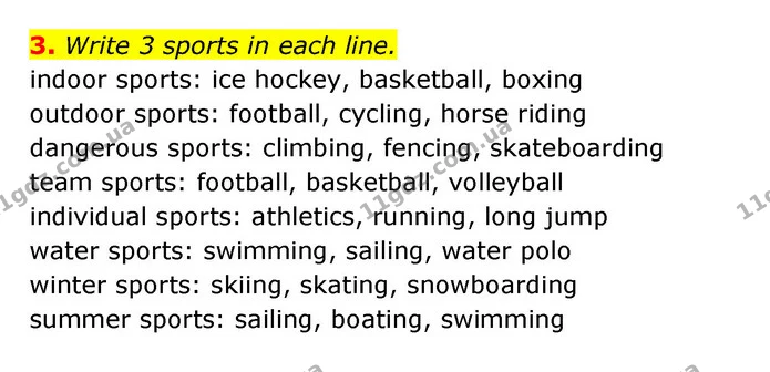 3. Write 3 sports in each line. — ГДЗ Робочий зошит Англійська мова 6 клас Карпюк