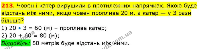 213. Човен і катер вирушили в протилежних напрямках. Якою буде відстань між ними, якщо човен пропливе 20 м, а катер — у 3 рази більше? — ГДЗ Математика 3 клас Козак 1-2 ч.