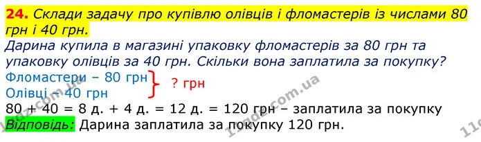 24. Склади задачу про купівлю олівців і фломастерів із числами 80 грн і 40 грн. — ГДЗ Математика 3 клас Листопад 1-2 ч.