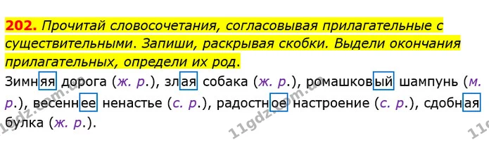 202. Прочитай словосочетания, согласовывая прилагательные с существительными. Запиши, раскрывая скобки. Выдели окончания — ГДЗ Русский язык и чтение 4 класс Лапшина 1 ч.