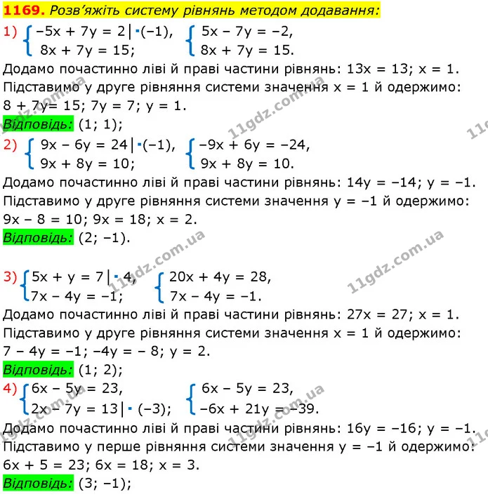 1169. Розв’яжіть систему рівнянь методом додавання: — Алгебра 7 клас Мерзляк 2024