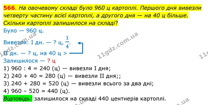 566. На овочевому складі було 960 ц картоплі. Першого дня вивезли четверту частину всієї картоплі, а другого дня — на 40 ц більше — ГДЗ Математика 3 клас Бевз 2 частина