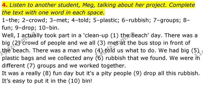 4. Listen to another student, Meg, talking about her project. Complete the text with one word in each space. — ГДЗ робочий зошит Англійська мова 8 клас Гарет Джонс 2025