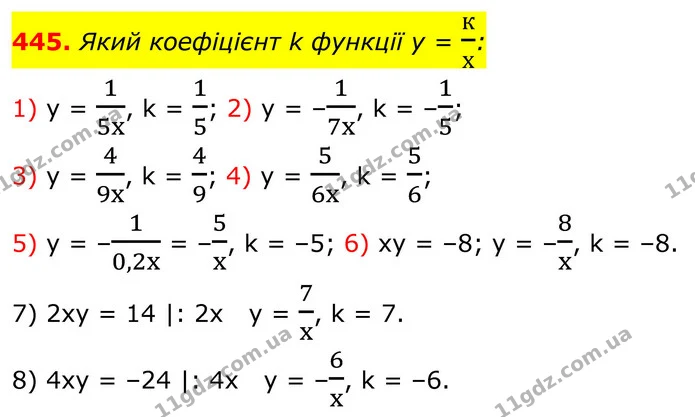 445. Який коефіцієнт k функції у = кх: — ГДЗ Алгебра 8 клас Тарасенкова