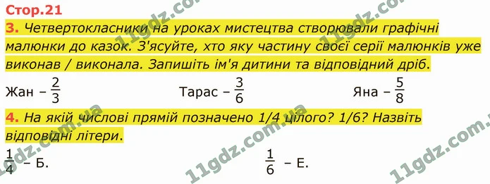 3. Четвертокласники на уроках мистецтва створювали графічні малюнки до казок. З'ясуйте, хто яку частину своєї серії малюнків уже — ГДЗ Математика 4 клас Логачевська 1-2 ч. 2021