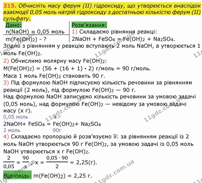 215. Обчисліть масу ферум (ІІ) гідроксиду, що утворюється внаслідок взаємодії 0,05 моль натрій гідроксиду з достатньою кількістю ферум — ГДЗ Хімія 8 клас Попель