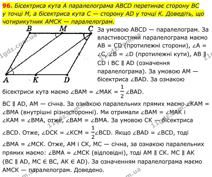 96. Бісектриса кута А паралелограма ABCD перетинає сторону BC — ГДЗ Геометрія 8 клас Мерзляк