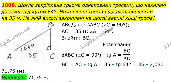 1008. Щогла закріплена трьома однаковими тросами, які нахилені до землі під кутом 64°. Нижні кінці тросів віддалені від щогли на 35 м — ГДЗ Геометрія 8 клас Бурда