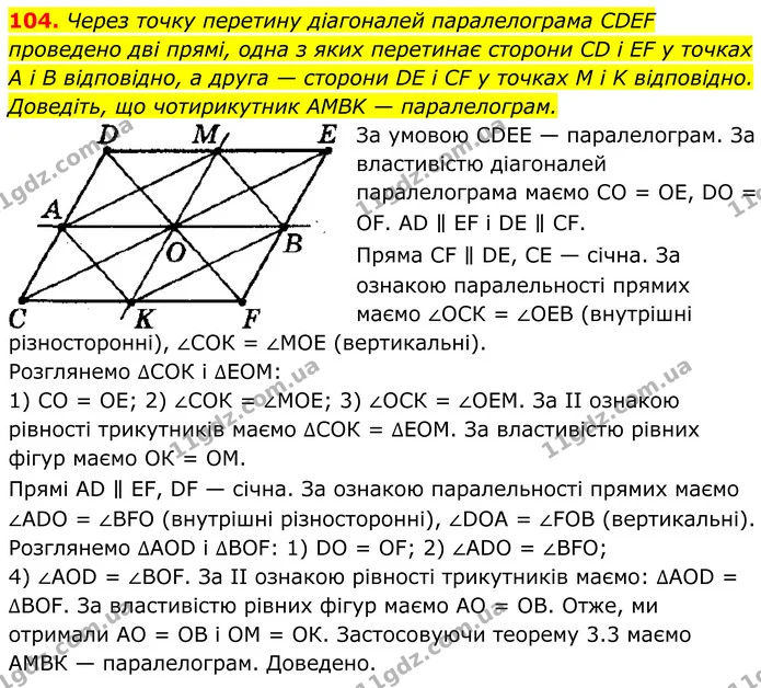 104. Через точку перетину діагоналей паралелограма CDEF проведено дві прямі, одна з яких перетинає сторони CD і EF у точках A i B — ГДЗ Геометрія 8 клас Мерзляк
