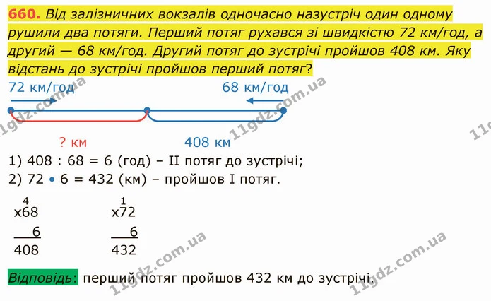 660. Від залізничних вокзалів одночасно назустріч один одному рушили два потяги. Перший потяг рухався зі швидкістю 72 км/год, а другий — ГДЗ Математика 4 клас Лишенко 1-2 ч.
