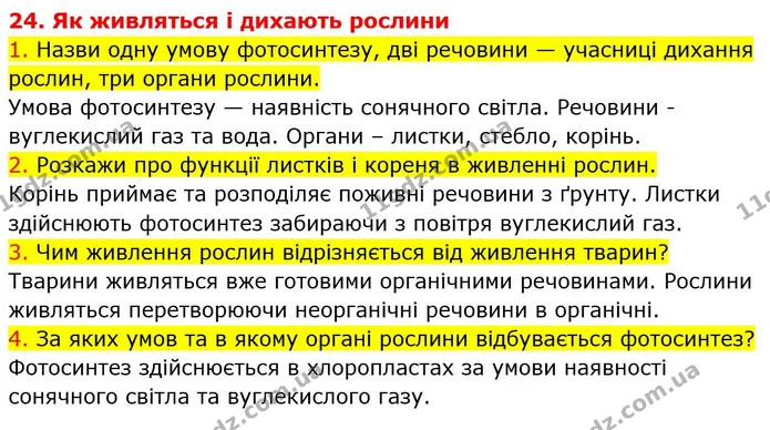 1. Назви одну умову фотосинтезу, дві речовини — учасниці дихання рослин, три органи рослини. — ГДЗ Пізнаємо природу 5 клас Коршевнюк