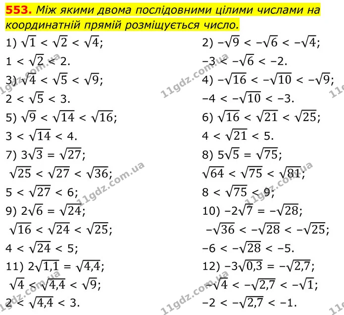 553. Між якими двома послідовними цілими числами на координатній прямій розміщується число. — ГДЗ Алгебра 8 клас Тарасенкова