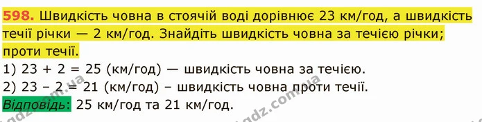 598. Швидкість човна в стоячій воді дорівнює 23 км/год, а швидкість течії річки — 2 км/год. Знайдіть швидкість човна за течією річки — ГДЗ Математика 5 клас Кравчук
