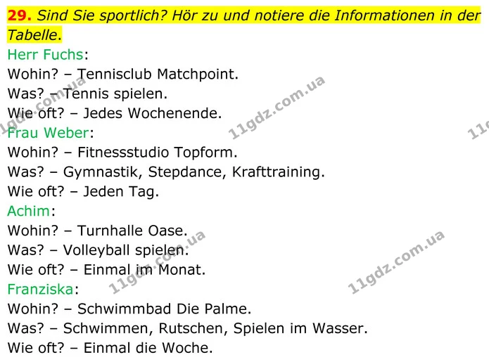 29. Sind Sie sportlich? Hör zu und notiere die Informationen in der Tabelle. — ГДЗ робочий зошит Німецька мова 8 клас Басай