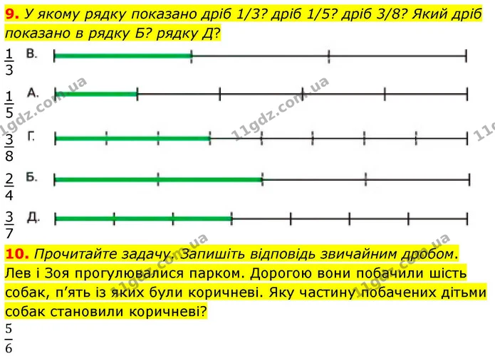 9. У якому рядку показано дріб 1/3? дріб 1/5? дріб 3/8? Який дріб показано в рядку Б? рядку Д? — ГДЗ Математика 4 клас Логачевська 1 та 2 частини
