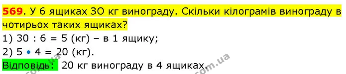 569. У 6 ящиках ЗО кг винограду. Скільки кілограмів винограду в чотирьох таких ящиках? — ГДЗ Математика 3 клас Козак 1-2 ч.